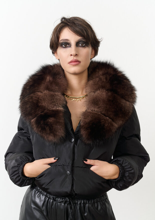 The Black Crop Jacket with Genuine Fox Fur Collar — Women’s Edition