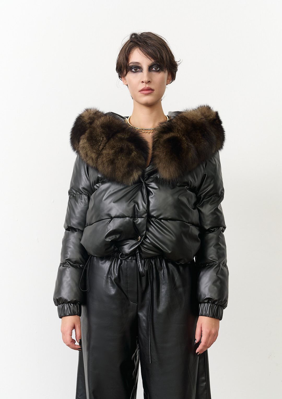 The Black Hooded Crop Jacket with Genuine Fox Fur — Women’s Edition 1 The Black Hooded Crop Jacket with Genuine Fox Fur — Women’s Edition