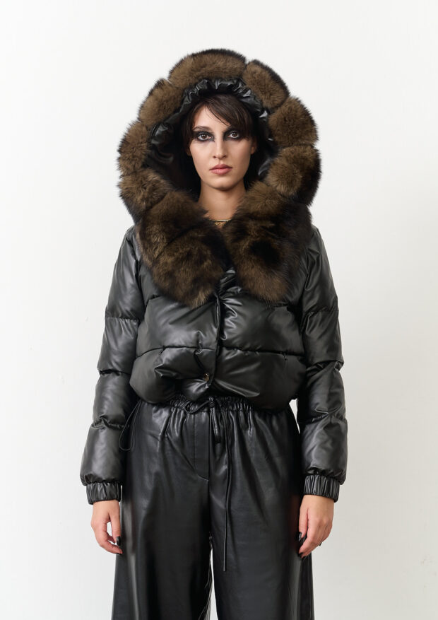 The Black Hooded Crop Jacket with Genuine Fox Fur — Women’s Edition 9 The Black Hooded Crop Jacket with Genuine Fox Fur — Women’s Edition