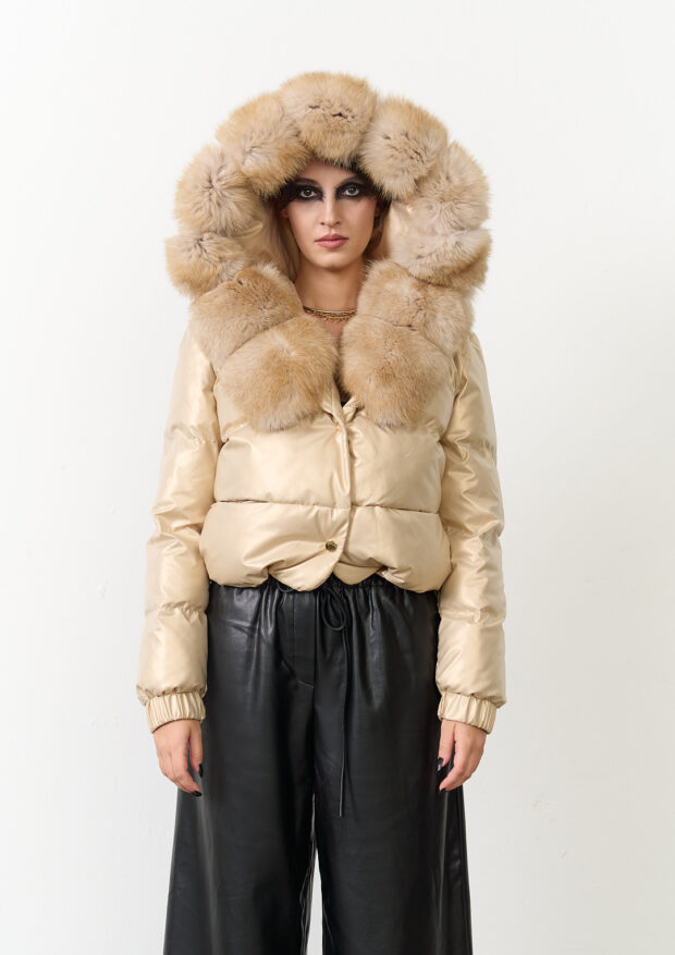 The Genuine Fox Fur Hooded Crop Jacket in Soft Gold — Women’s Edition